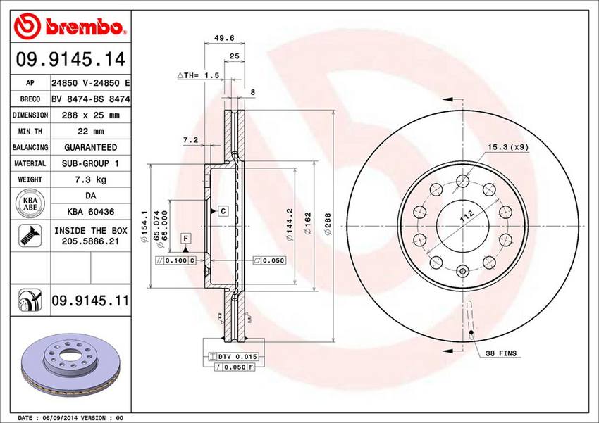 Audi VW Brembo Disc Brake Rotor – Front (288mm) 5Q0615301H Brembo